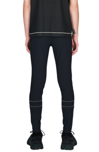 Men's running tights in Black with two reflective contrast seams around the bottom of each leg. Ankle zippers. Made in ECONYL®. UNNA reflective logo on the front leg and "Finish in a Good Place" manifesto in the back. Side pocket for phone.