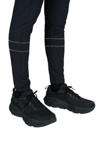 Men's running tights in Black with two reflective contrast seams around the bottom of each leg. Ankle zippers. Made in ECONYL®. UNNA reflective logo on the front leg and "Finish in a Good Place" manifesto in the back. Side pocket for phone.