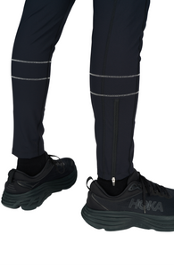 Men's running tights in Black with two reflective contrast seams around the bottom of each leg. Ankle zippers. Made in ECONYL®. UNNA reflective logo on the front leg and "Finish in a Good Place" manifesto in the back. Side pocket for phone.