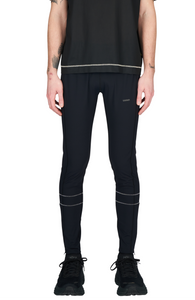 Men's running tights in Black with two reflective contrast seams around the bottom of each leg. Ankle zippers. Made in ECONYL®. UNNA reflective logo on the front leg and "Finish in a Good Place" manifesto in the back. Side pocket for phone.