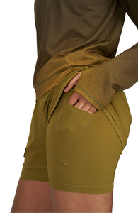 Women's running shorts in Gold Olive, featuring an inner lining and side vents. The 3-inch Flow Shorts offer a soft stretch and are made from ECONYL®. Podium Logo on the front and a reflective "Finish in a Good Place" slogan on the back. Includes one pocket in the inner lining and a hidden pocket at the back. Also available in a 5-inch length.