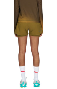 Women's running shorts in Gold Olive, featuring an inner lining and side vents. The 3-inch Flow Shorts offer a soft stretch and are made from ECONYL®. Podium Logo on the front and a reflective "Finish in a Good Place" slogan on the back. Includes one pocket in the inner lining and a hidden pocket at the back. Also available in a 5-inch length.