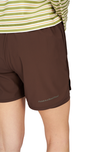 Women's running shorts in Red Brown, featuring an inner lining and side vents. The 5-inch Flow Shorts offer a soft stretch and are made from ECONYL®. Podium Logo on the front and a reflective "Finish in a Good Place" slogan on the back. Includes one pocket in the inner lining and a hidden pocket at the back. Also available in a 3-inch length.