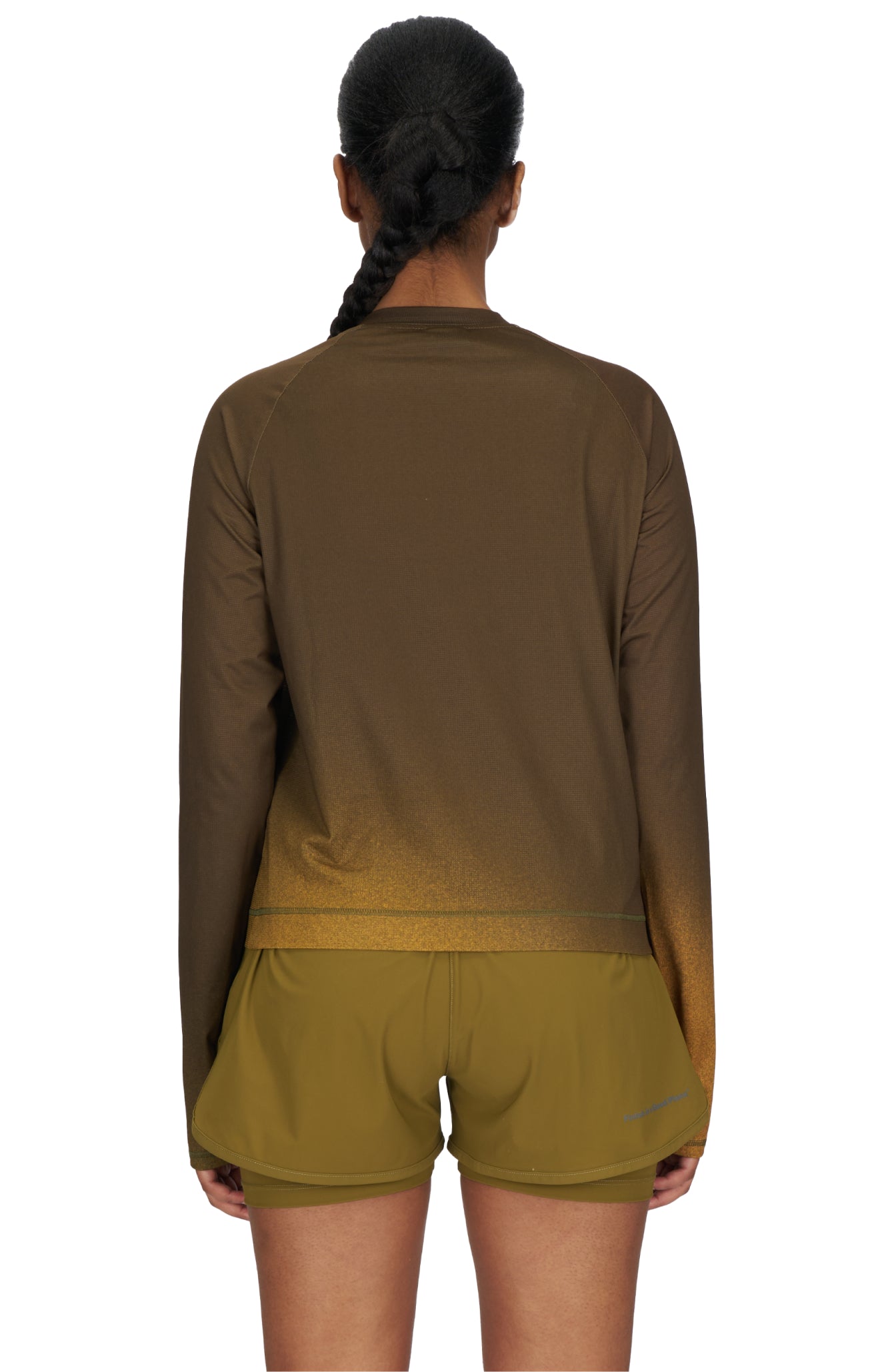 Women's long sleeve Running T-Shirt in Brown/Golden with raglan sleeves. It features a gradient sublimation print shifting to a lighter shade at the bottom. Made from quick-drying, post-consumer recycled polyester with 4-way stretch for great flexibility, ventilation, and breathability. The UNNA 