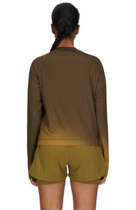 Women's long sleeve Running T-Shirt in Brown/Golden with raglan sleeves. It features a gradient sublimation print shifting to a lighter shade at the bottom. Made from quick-drying, post-consumer recycled polyester with 4-way stretch for great flexibility, ventilation, and breathability. The UNNA "Finish in a Good Place" manifesto is printed on the chest.