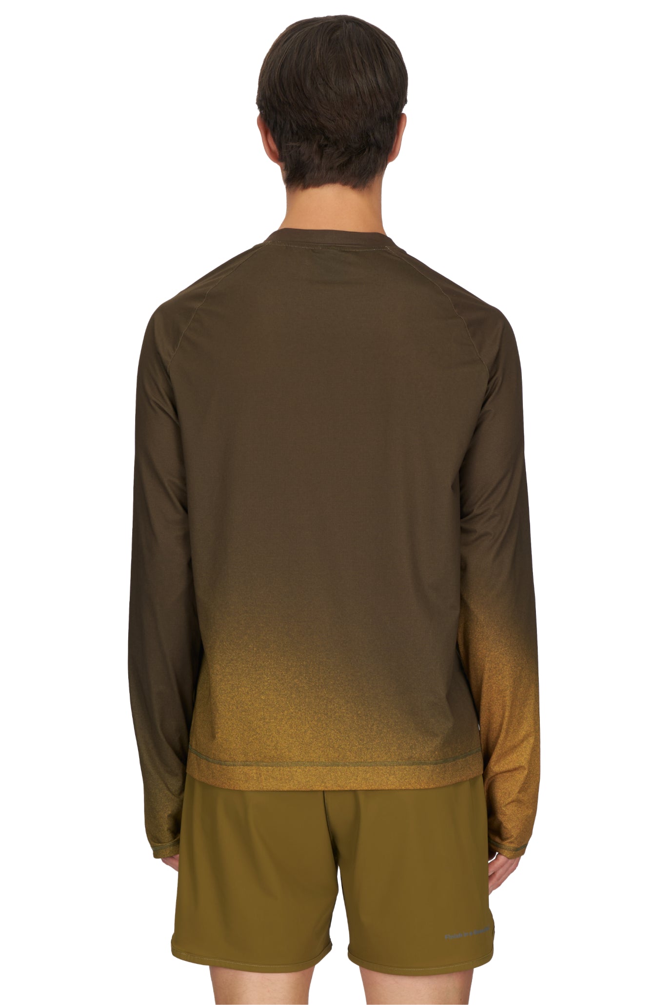 Men's long sleeve Running T-Shirt in Brown/Golden with raglan sleeves. It features a gradient sublimation print shifting to a lighter shade at the bottom. Made from quick-drying, post-consumer recycled polyester with 4-way stretch for great flexibility, ventilation, and breathability. The UNNA 