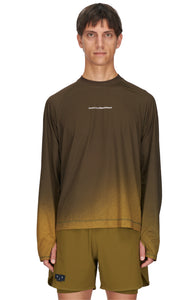 Men's long sleeve Running T-Shirt in Brown/Golden with raglan sleeves. It features a gradient sublimation print shifting to a lighter shade at the bottom. Made from quick-drying, post-consumer recycled polyester with 4-way stretch for great flexibility, ventilation, and breathability. The UNNA "Finish in a Good Place" manifesto is printed on the chest.