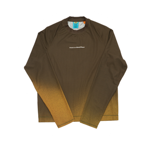 Men's long sleeve Running T-Shirt in Brown/Golden with raglan sleeves. It features a gradient sublimation print shifting to a lighter shade at the bottom. Made from quick-drying, post-consumer recycled polyester with 4-way stretch for great flexibility, ventilation, and breathability. The UNNA 