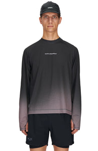 Men's long sleeve Running T-Shirt in Black/Grey with raglan sleeves. It features a gradient sublimation print shifting to a lighter shade at the bottom. Made from quick-drying, post-consumer recycled polyester with 4-way stretch for great flexibility, ventilation, and breathability. The UNNA "Finish in a Good Place" manifesto is printed on the chest.