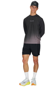 Men's long sleeve Running T-Shirt in Black/Grey with raglan sleeves. It features a gradient sublimation print shifting to a lighter shade at the bottom. Made from quick-drying, post-consumer recycled polyester with 4-way stretch for great flexibility, ventilation, and breathability. The UNNA "Finish in a Good Place" manifesto is printed on the chest.