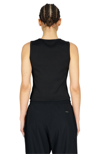 Women's running tank top in Black with UNNA Podium Logo on the chest. Made in ribbed GRS Recycled Polyester.