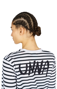 Women’s striped long sleeve Running T-Shirt in White and Navy, featuring raglan sleeves with thumbholes. It has a water-based sublimation-printed stripe pattern and is made from quick-drying, post-consumer recycled polyester with 4-way stretch for flexibility, ventilation, and breathability. A bold, hand-drawn UNNA text on the back.