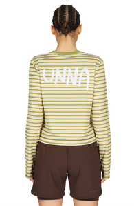 Women’s striped long sleeve Running T-Shirt in Sage Stripe, featuring raglan sleeves with thumbholes. It has a water-based sublimation-printed stripe pattern and is made from quick-drying, post-consumer recycled polyester with 4-way stretch for flexibility, ventilation, and breathability. A bold, hand-drawn UNNA text in white on the back.