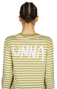 Women’s striped long sleeve Running T-Shirt in Sage Stripe, featuring raglan sleeves with thumbholes. It has a water-based sublimation-printed stripe pattern and is made from quick-drying, post-consumer recycled polyester with 4-way stretch for flexibility, ventilation, and breathability. A bold, hand-drawn UNNA text in white on the back.