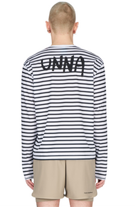 Men’s striped long sleeve Running T-Shirt in White and Navy, featuring raglan sleeves with thumbholes. It has a water-based sublimation-printed stripe pattern and is made from quick-drying, post-consumer recycled polyester with 4-way stretch for flexibility, ventilation, and breathability. A bold, hand-drawn UNNA text on the back.