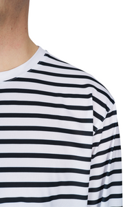 Men’s striped long sleeve Running T-Shirt in White and Navy, featuring raglan sleeves with thumbholes. It has a water-based sublimation-printed stripe pattern and is made from quick-drying, post-consumer recycled polyester with 4-way stretch for flexibility, ventilation, and breathability. A bold, hand-drawn UNNA text on the back.