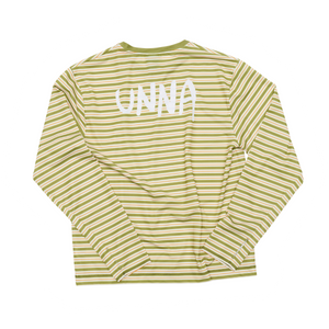 Women’s striped long sleeve Running T-Shirt in Sage Stripe, featuring raglan sleeves with thumbholes. It has a water-based sublimation-printed stripe pattern and is made from quick-drying, post-consumer recycled polyester with 4-way stretch for flexibility, ventilation, and breathability. A bold, hand-drawn UNNA text in white on the back.