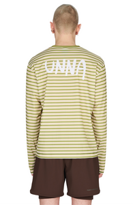 Men’s striped long sleeve Running T-Shirt in Sage Stripe, featuring raglan sleeves with thumbholes. It has a water-based sublimation-printed stripe pattern and is made from quick-drying, post-consumer recycled polyester with 4-way stretch for flexibility, ventilation, and breathability. A bold, hand-drawn UNNA text in white on the back.