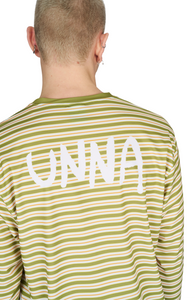 Men’s striped long sleeve Running T-Shirt in Sage Stripe, featuring raglan sleeves with thumbholes. It has a water-based sublimation-printed stripe pattern and is made from quick-drying, post-consumer recycled polyester with 4-way stretch for flexibility, ventilation, and breathability. A bold, hand-drawn UNNA text in white on the back.