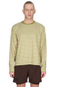 Men’s striped long sleeve Running T-Shirt in Sage Stripe, featuring raglan sleeves with thumbholes. It has a water-based sublimation-printed stripe pattern and is made from quick-drying, post-consumer recycled polyester with 4-way stretch for flexibility, ventilation, and breathability. A bold, hand-drawn UNNA text in white on the back.