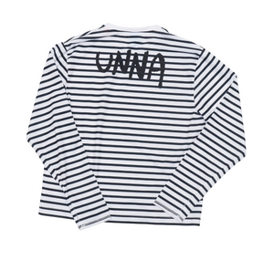 Women’s striped long sleeve Running T-Shirt in White and Navy, featuring raglan sleeves with thumbholes. It has a water-based sublimation-printed stripe pattern and is made from quick-drying, post-consumer recycled polyester with 4-way stretch for flexibility, ventilation, and breathability. A bold, hand-drawn UNNA text on the back.