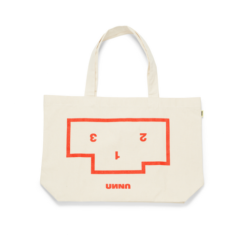 Unna Podium Bag in natural canvas with upside down Podium Logo in red and UNNA manifesto.