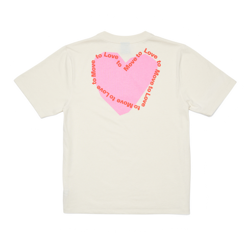 Screen printed vanilla white t-shirt. Heart with with text "Love to Move" - UNNA