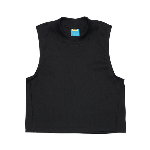 UNNA ribbed crop top in black shiny polyester with a mock-neck.