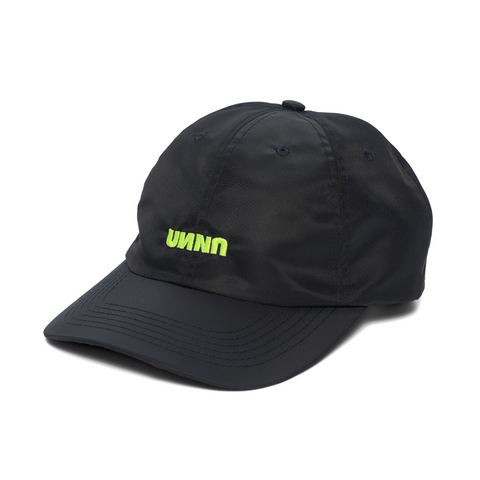 Shiny polyester black cap with contrasting woven UNNA logo in front