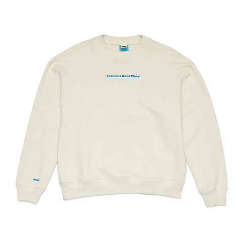 Vanilla white, vintage feel sweatshirt with "Finish in a Good Place" printed on chest - UNNA Slow Motion Sweatshirt